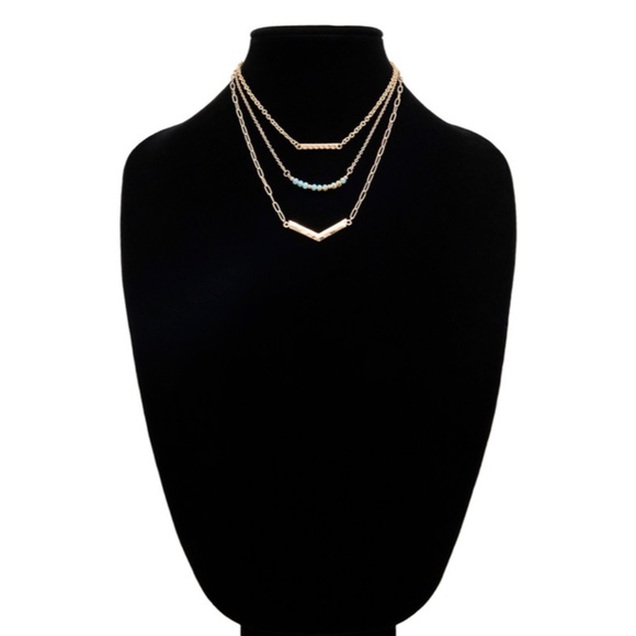 SOLD OUT Mint Luminous Glass Beads Bar & Chevron Gold Pendant Trio Necklace Set - Picture 3 of 3